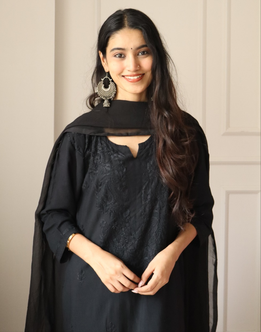 Black Chikankari Rayon Kurti Palazzo Set With Dupatta