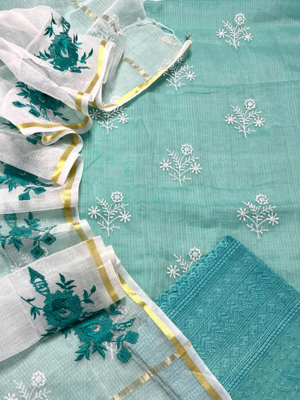 Blue Embroided Kota Doria Suit Fabric With Dupatta