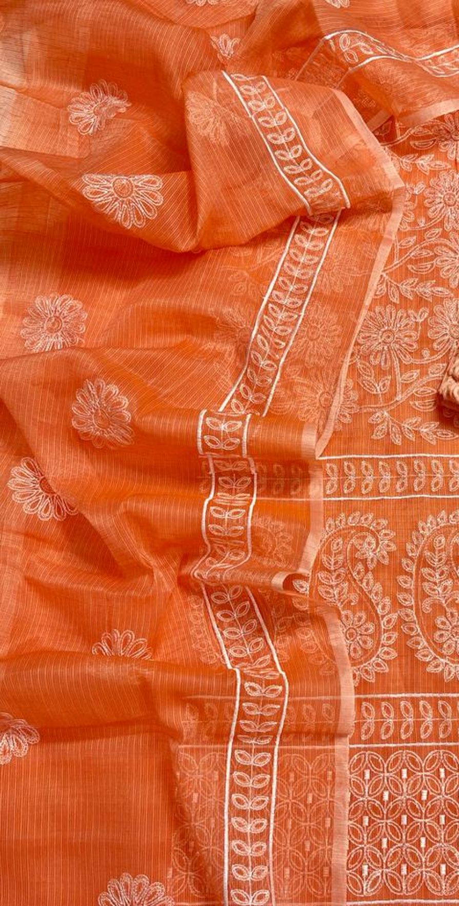 Orange Embroided Cotton Kota Doria Suit Fabric With Dupatta