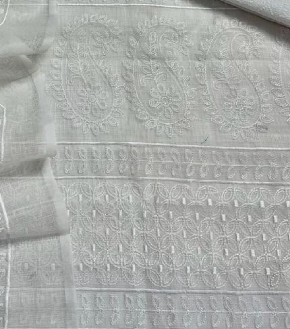 White Embroided Cotton Kota Doria Suit Fabric With Dupatta