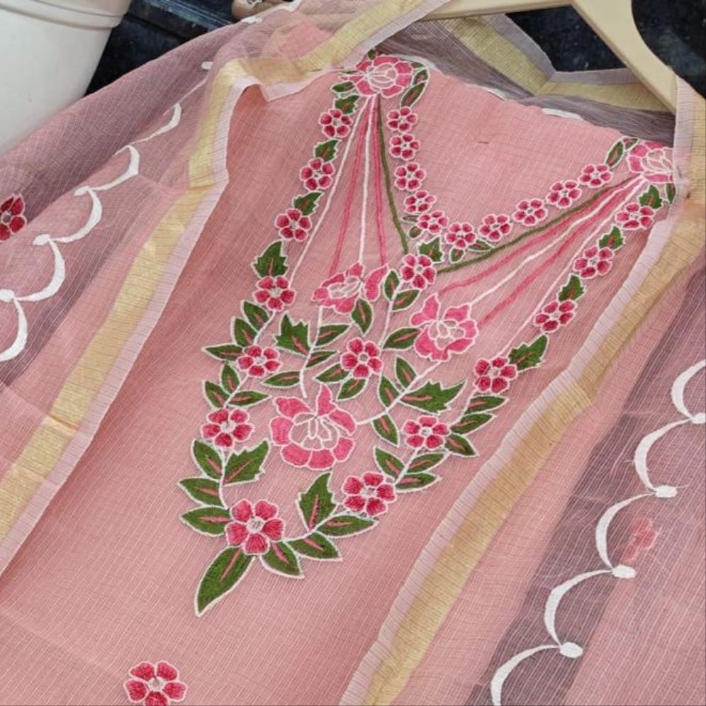Kota Doria Embroidered Suit Set In peach