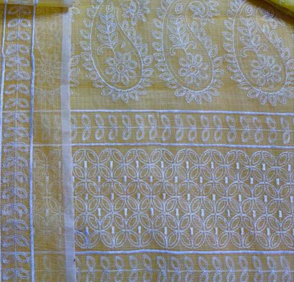 Yellow Embroided Cotton Kota Doria Suit Fabric With Dupatta