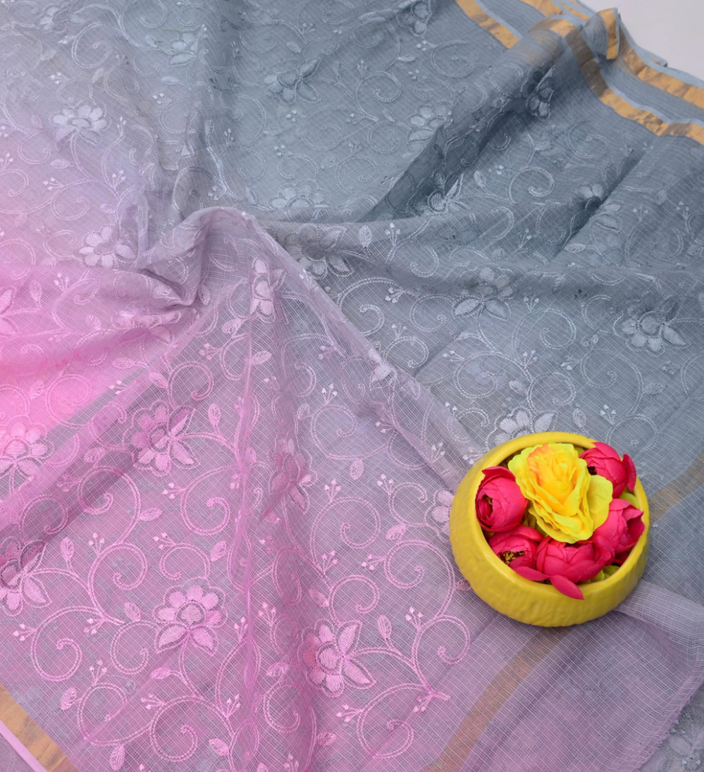 Pink & Grey Kota Doria Embroidery Work Saree