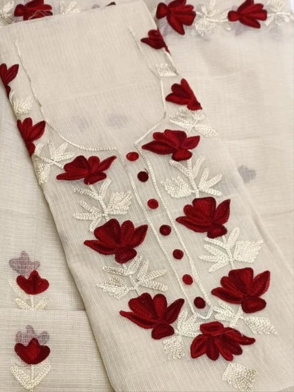 Kota Doriya Embroidery Work Suit In Off White