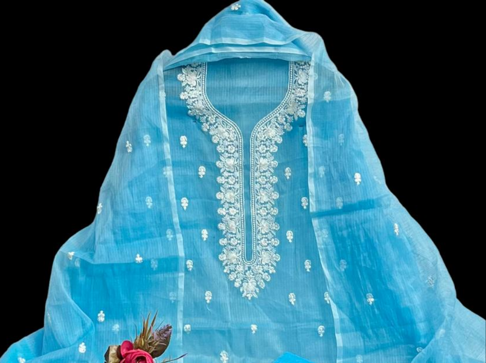Blue Embroided Work Kota Doria Suit Fabric With Dupatta