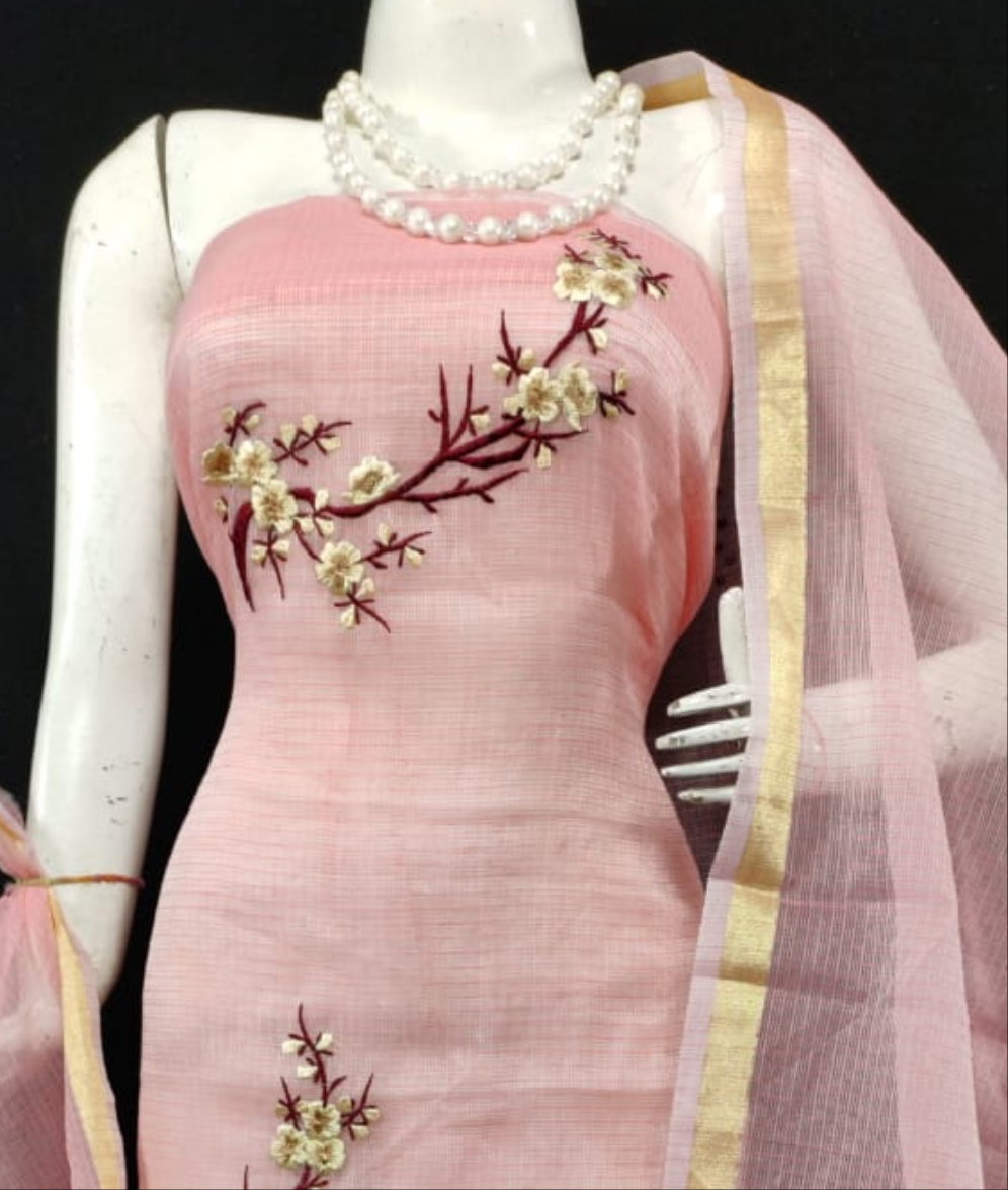 ShopKota Doriya Embroidery Work Suit In Peach