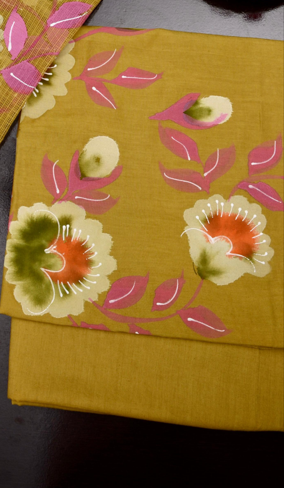 Yellow Hand Painted Cotton Kota Doria Suit With Dupatta