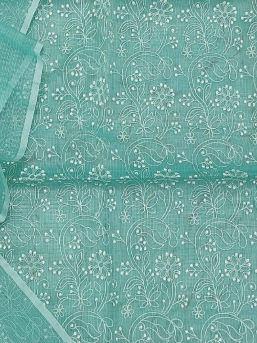 Sea Green Kota Doria Embroidery Suit With Dupatta