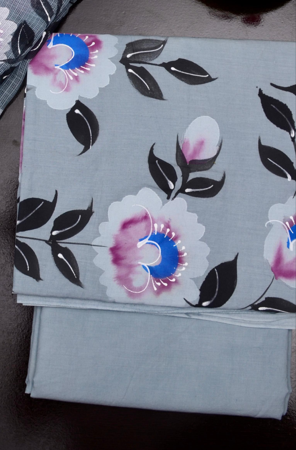 Grey Hand Painted Cotton Kota Doria Suit With Dupatta
