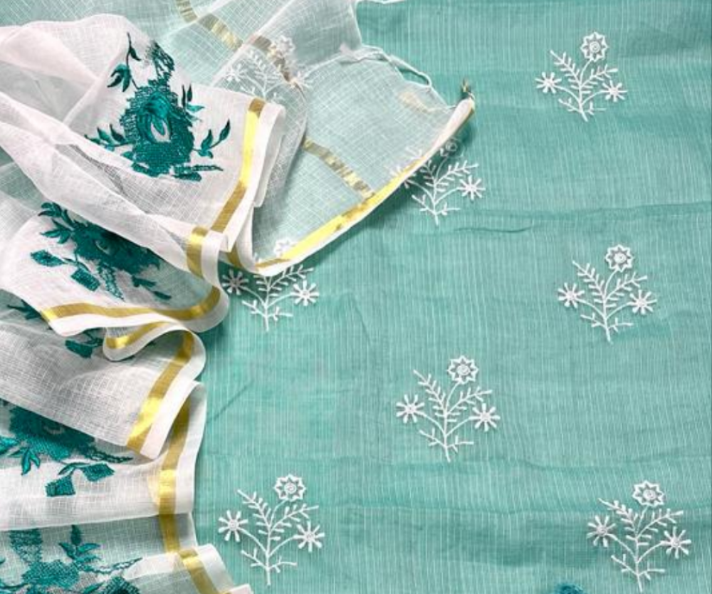 Blue Embroided Kota Doria Suit Fabric With Dupatta