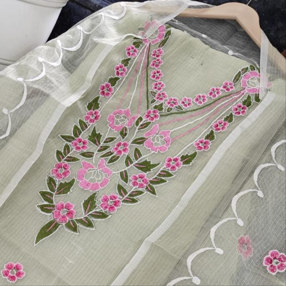 Kota Doria Embroidered Suit Set In Pastel Green
