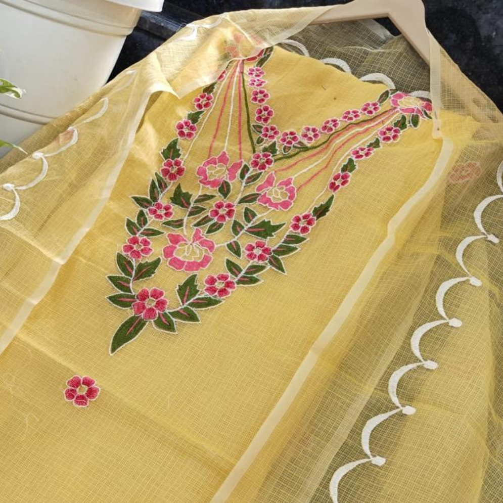 Kota Doria Embroidered Suit Set In Yellow