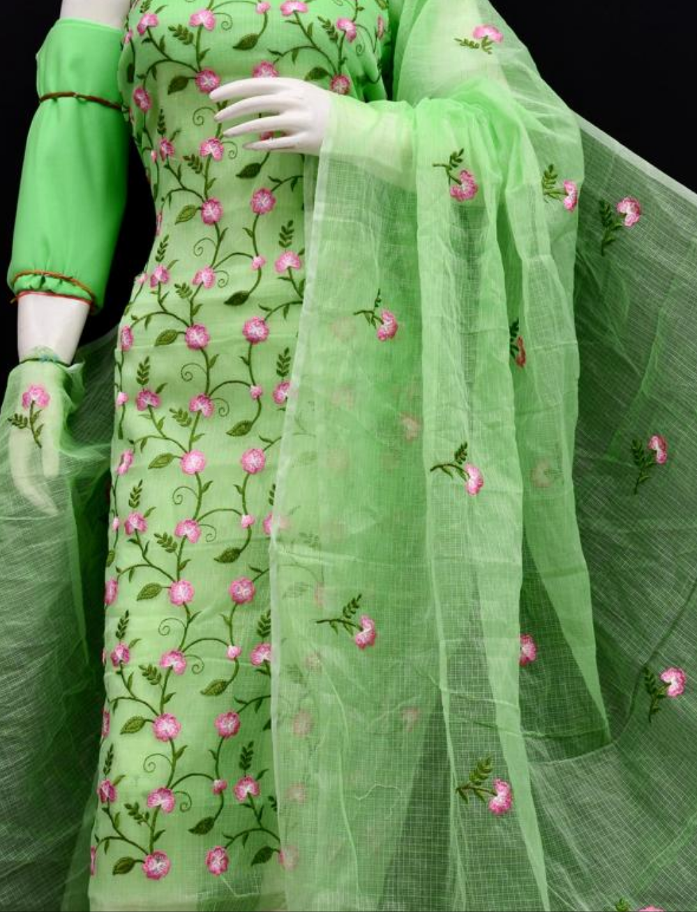 Kota Doria Embroidered Suit Set In Green