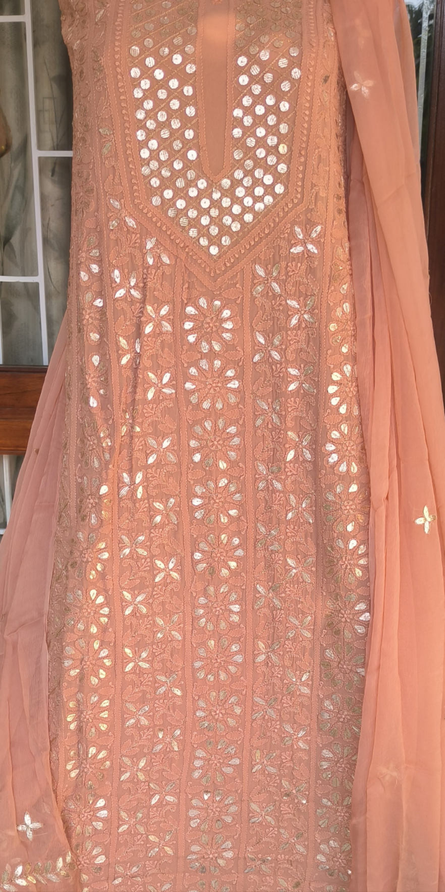 Peach Lucknowi Chikankari Gota Patti Salwar Suit(Dress Material)