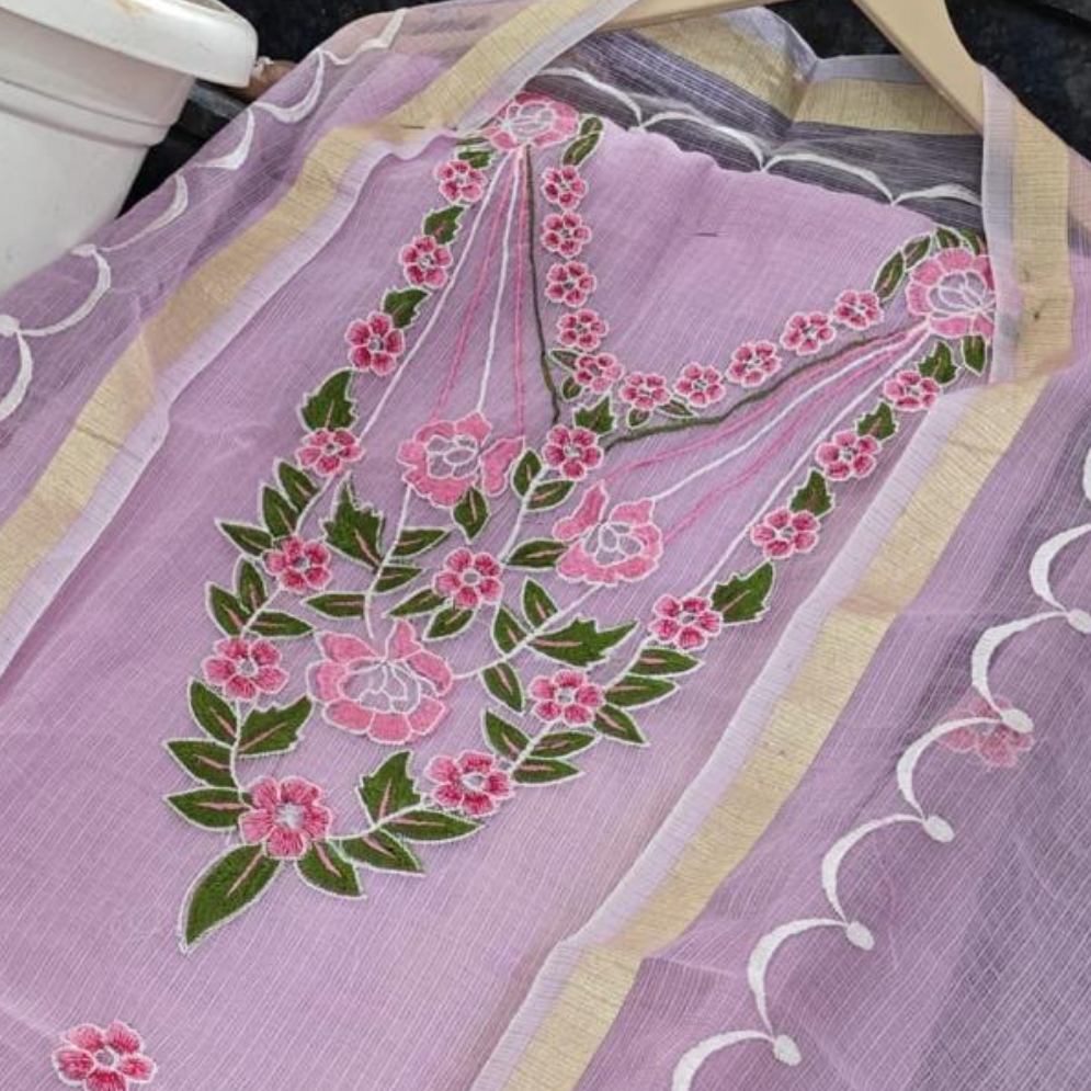 Kota Doria Embroidered Suit Set In Lavender Colour