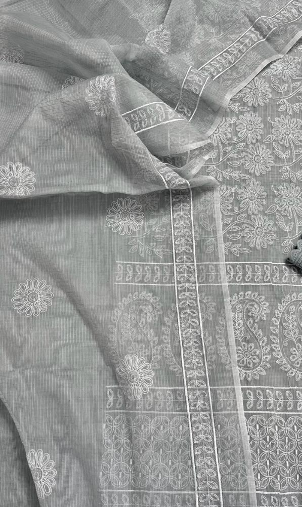 Grey Embroided Cotton Kota Doria Suit Fabric With Dupatta