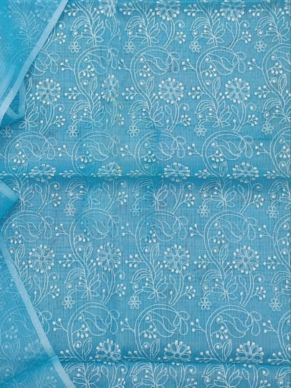 Blue Kota Doria Embroidery Suit With Dupatta