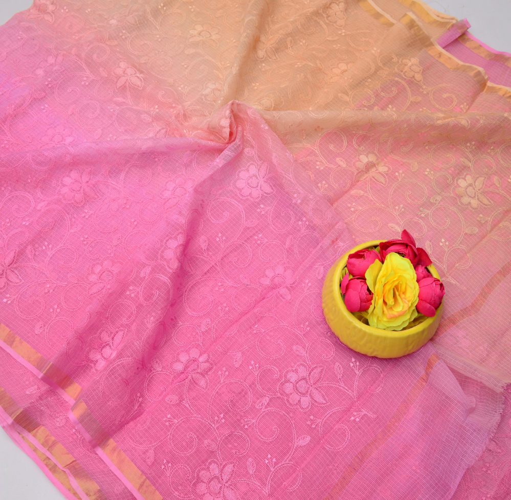 Pink Kota Doria Embroidery Work Saree