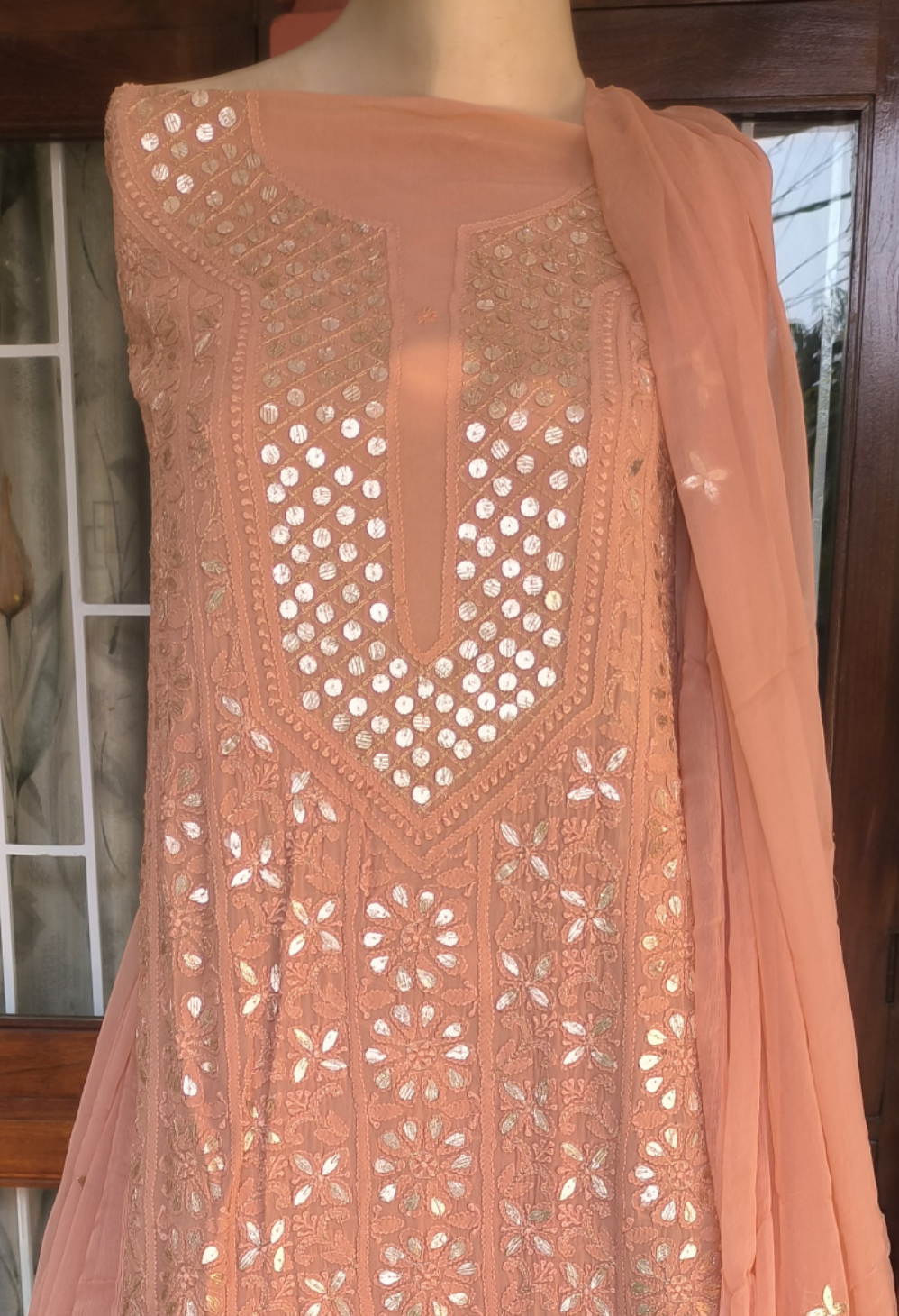 Peach Lucknowi Chikankari Gota Patti Salwar Suit(Dress Material)