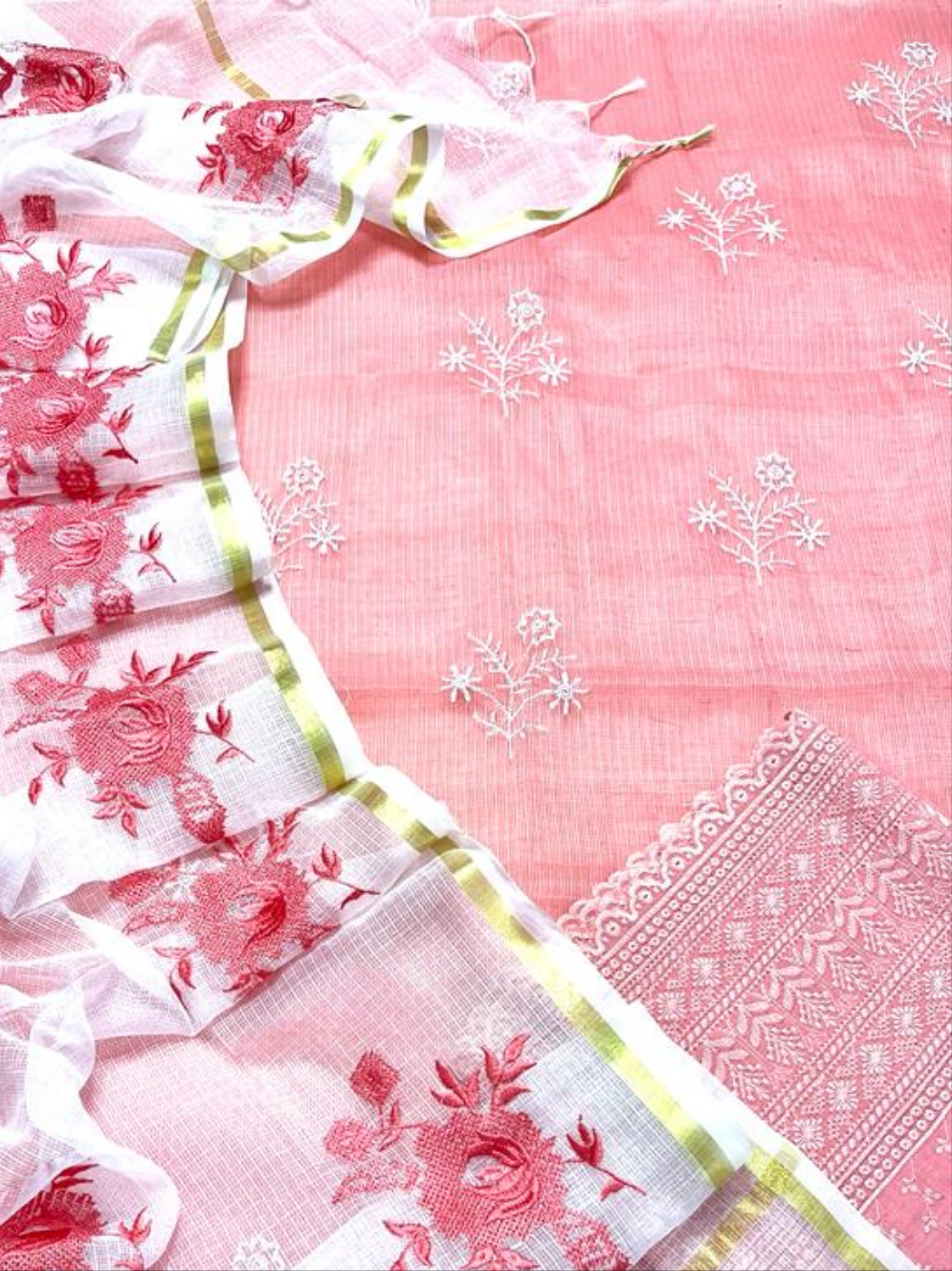 Pink Embroided Kota Doria Suit Fabric With Dupatta