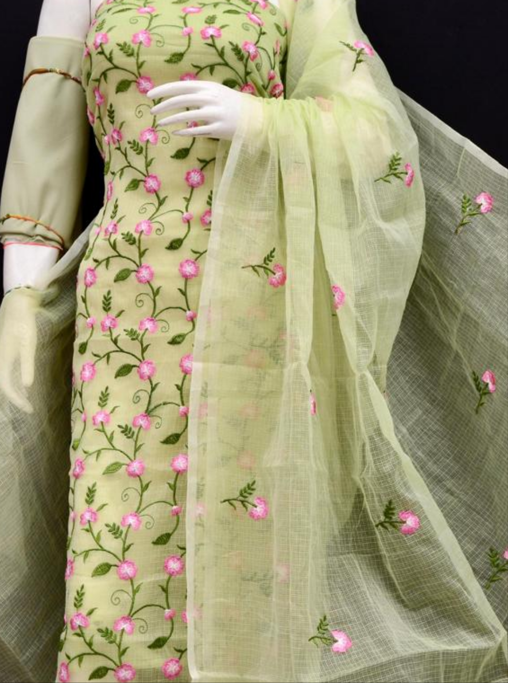 Kota Doria Embroidered Suit Set In Green