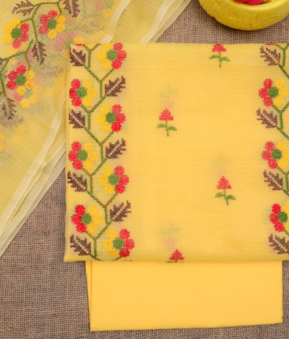 Beautiful Kota Doria Suit In Yellow Colour With Flower Embroidery Work