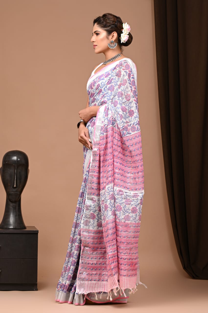 White And Pink Pure Linen Saree