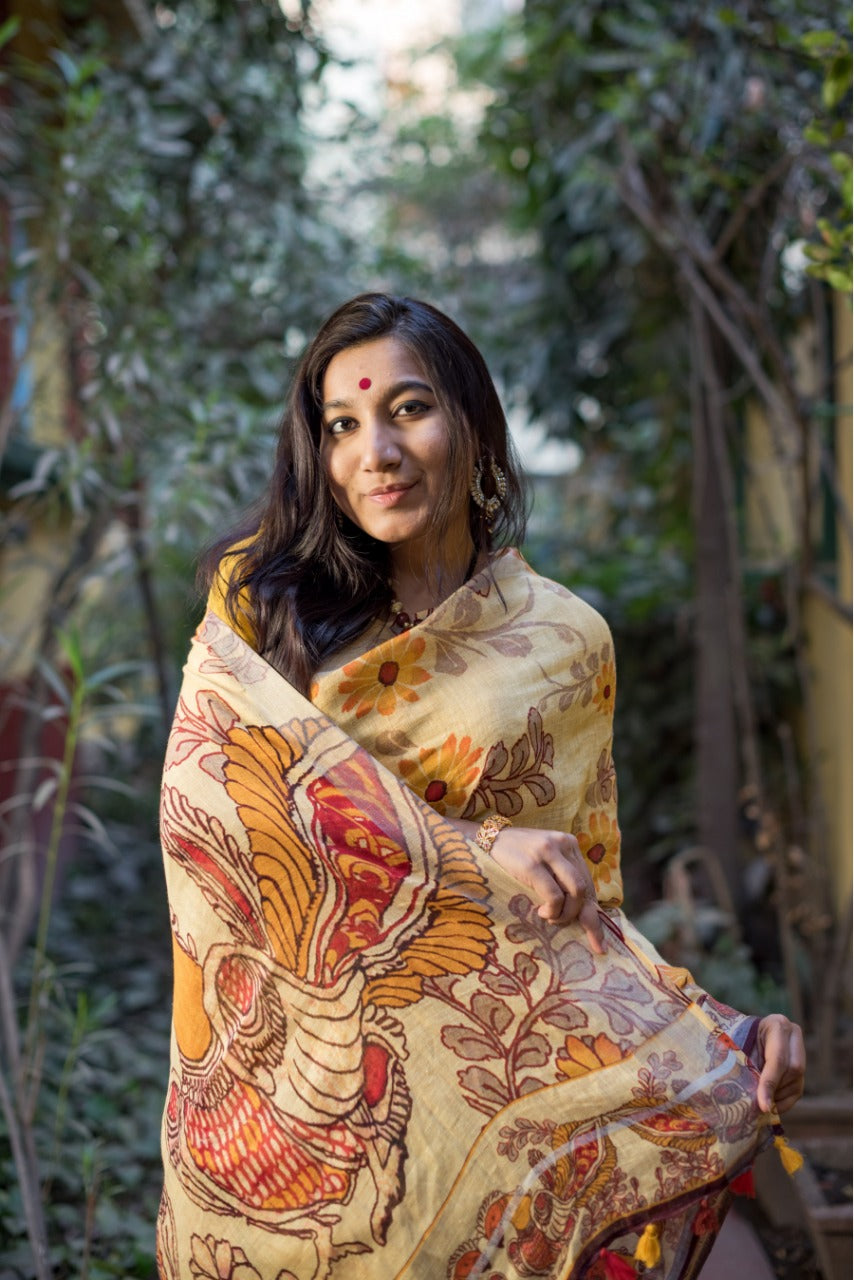 Bengal Handloom Linen Saree In Cream