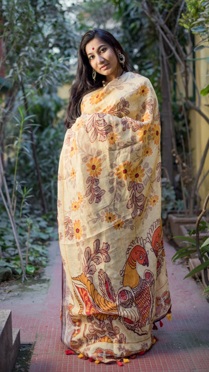 Bengal Handloom Linen Saree In Cream