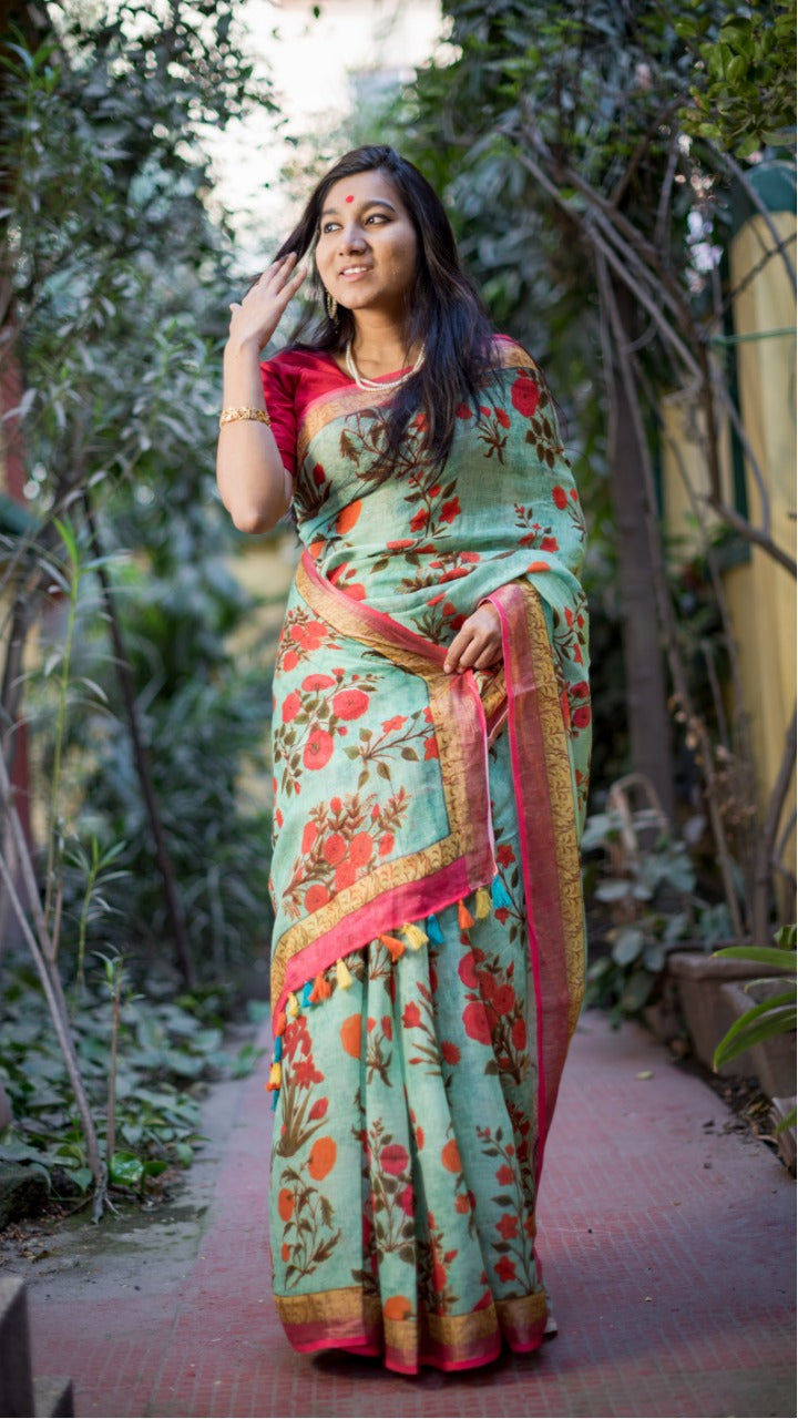 Shop Pure Linen Saree With Floral Print Online Worldwide | Me99