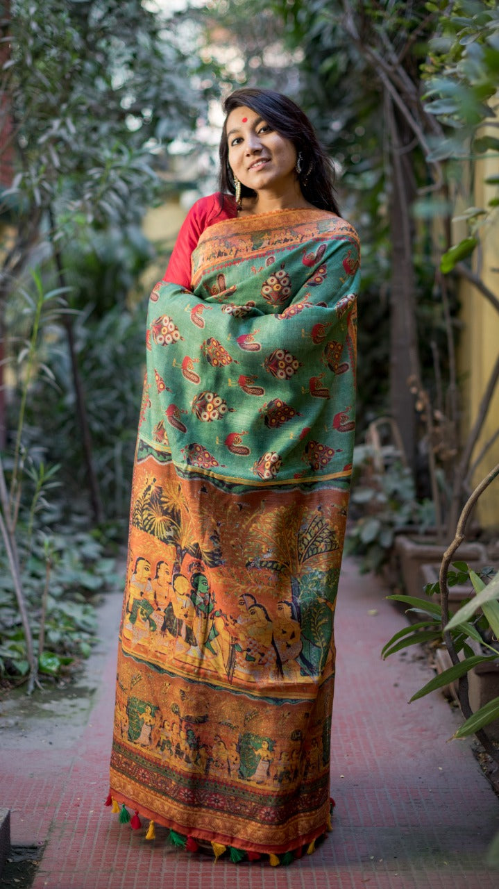 Floral Digital Print Linen Saree In White