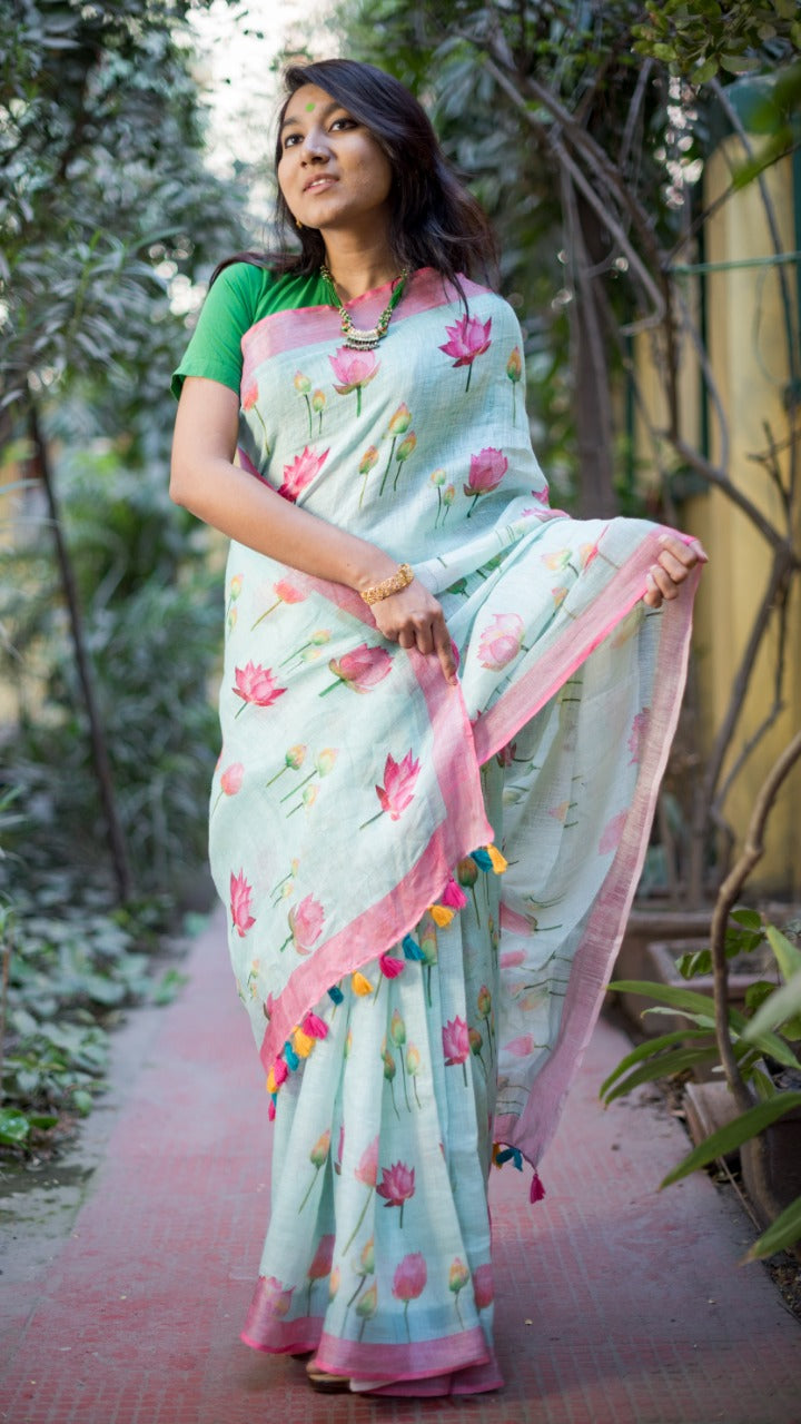 Sky Blue Woven Linen Saree - Urban Womania