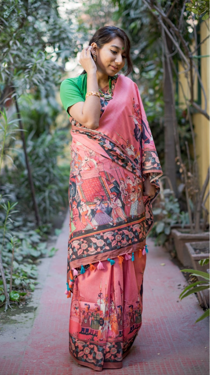 Pink Digital Print Linen Saree