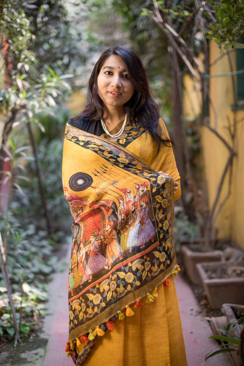 Pure Linen Saree In Yellow