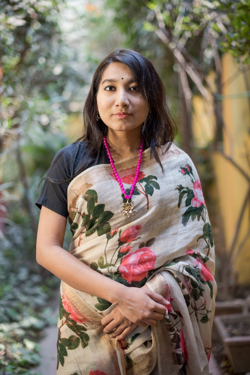 Yellow Floral Printed Linen Saree