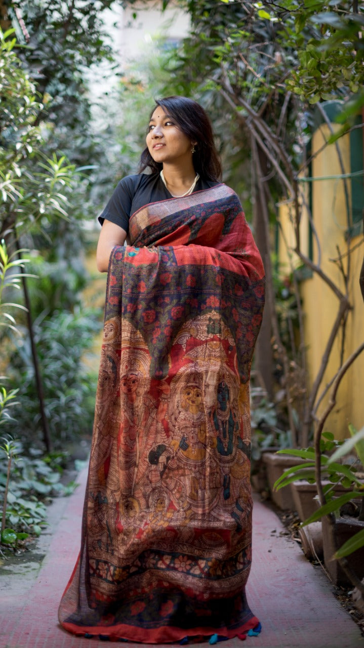 Black And Red Printed Pure Linen Saree