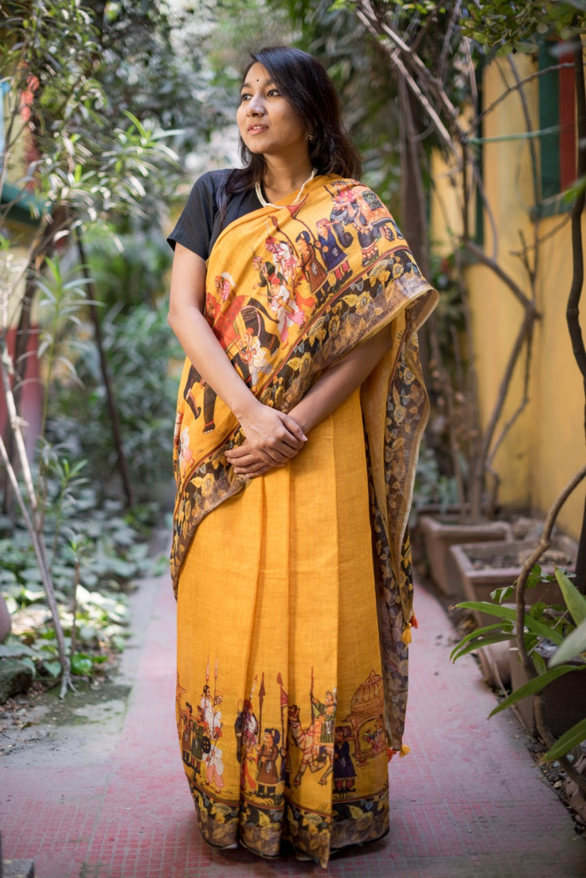 Pure Linen Saree In Yellow