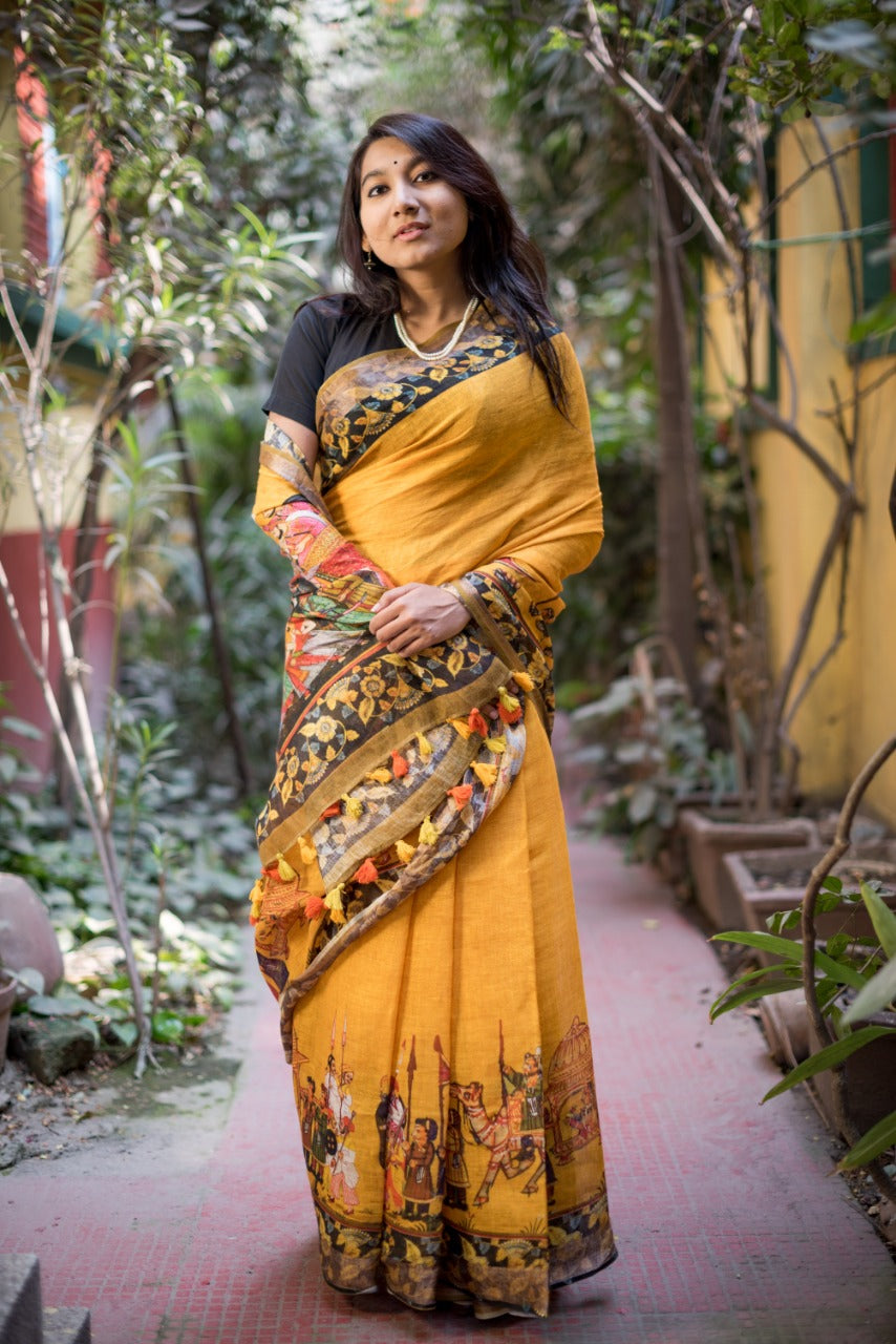 Pure Linen Saree In Yellow
