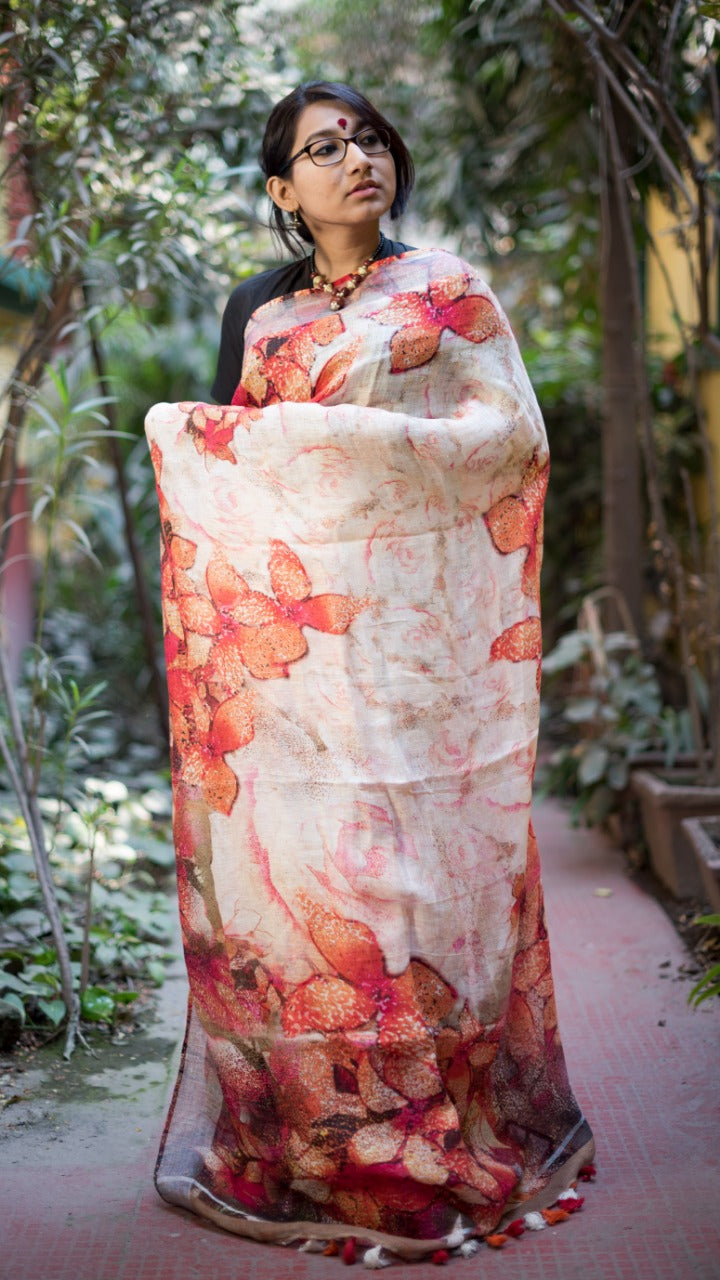 Cream  Floral Pure Linen Saree