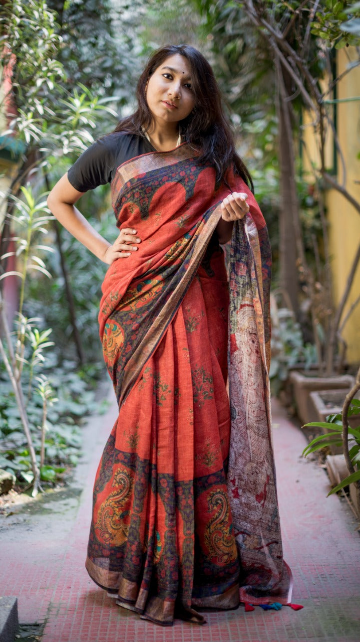 Black And Red Printed Pure Linen Saree