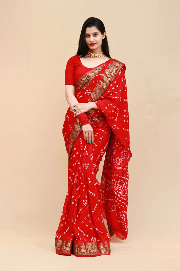 Red Bandhani Viscose Silk Saree