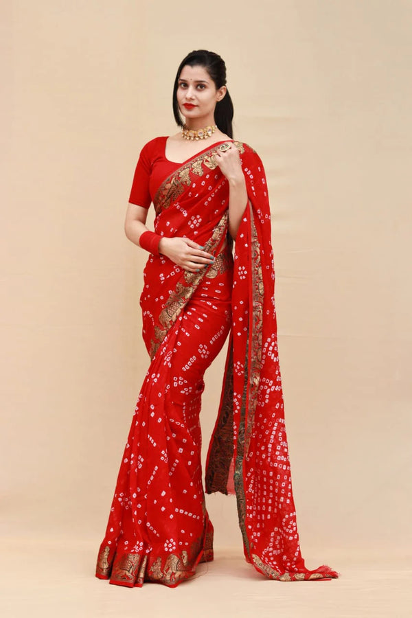 Red Bandhani Viscose Silk Saree