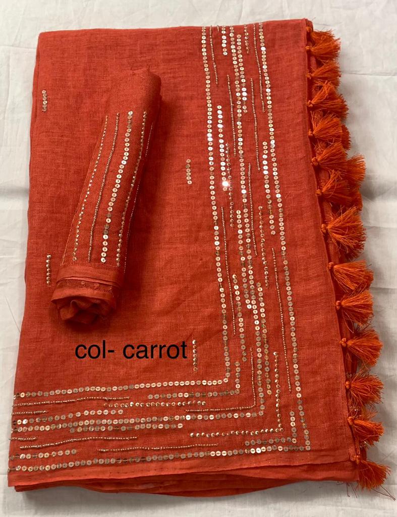 Red Pure Linen Saree With Embroidery