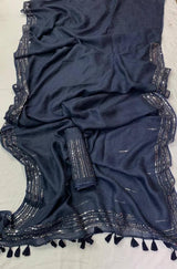 Navy Blue Pure Linen Saree With Embroidery