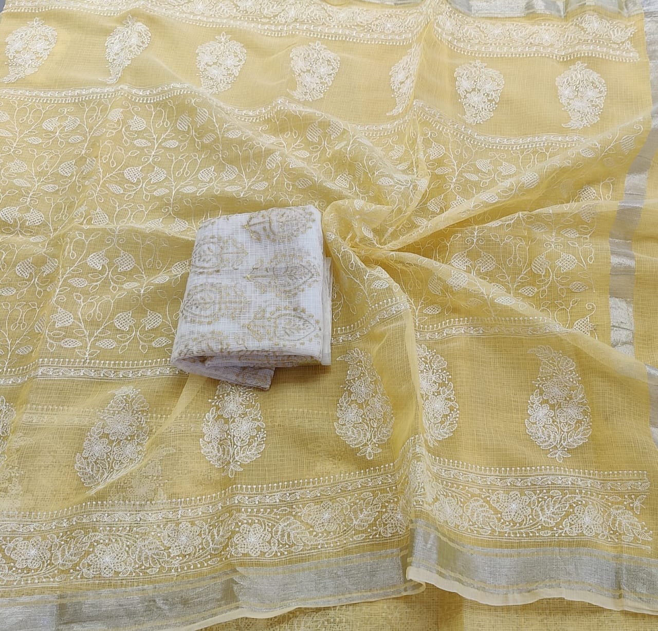 yellow Kota Doria Embroidery Work Sari with blouse
