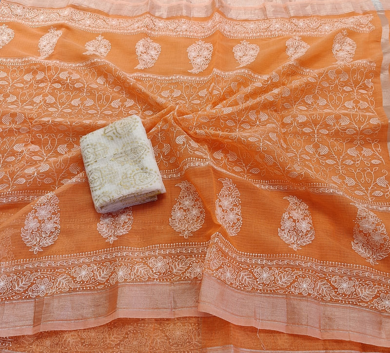 Orange Kota Doria Embroidery Work Sari with blouse