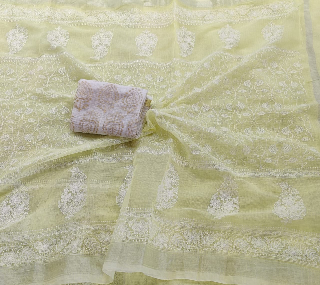 Lemon Yellow Kota Doria Embroidery Work Sari with blouse