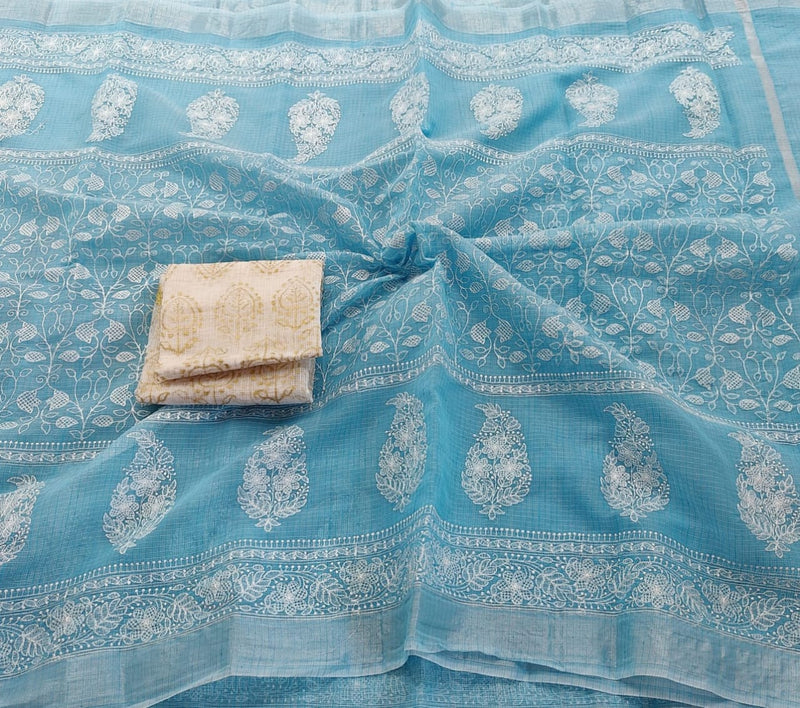 Blue Kota Doria Embroidery Work Sari with blouse