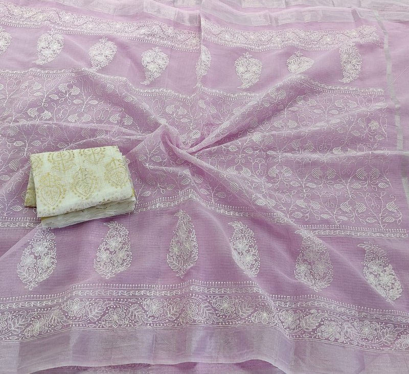 Purple Kota Doria Embroidery Work Sari with blouse