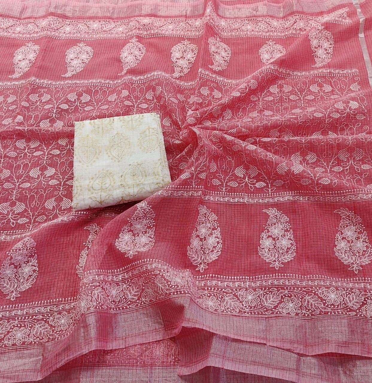 Pink Kota Doria Embroidery Work Sari with blouse